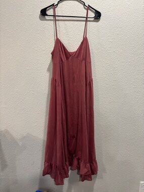 Ruffle-Hem Slip Midi Dress in Dusty Rose